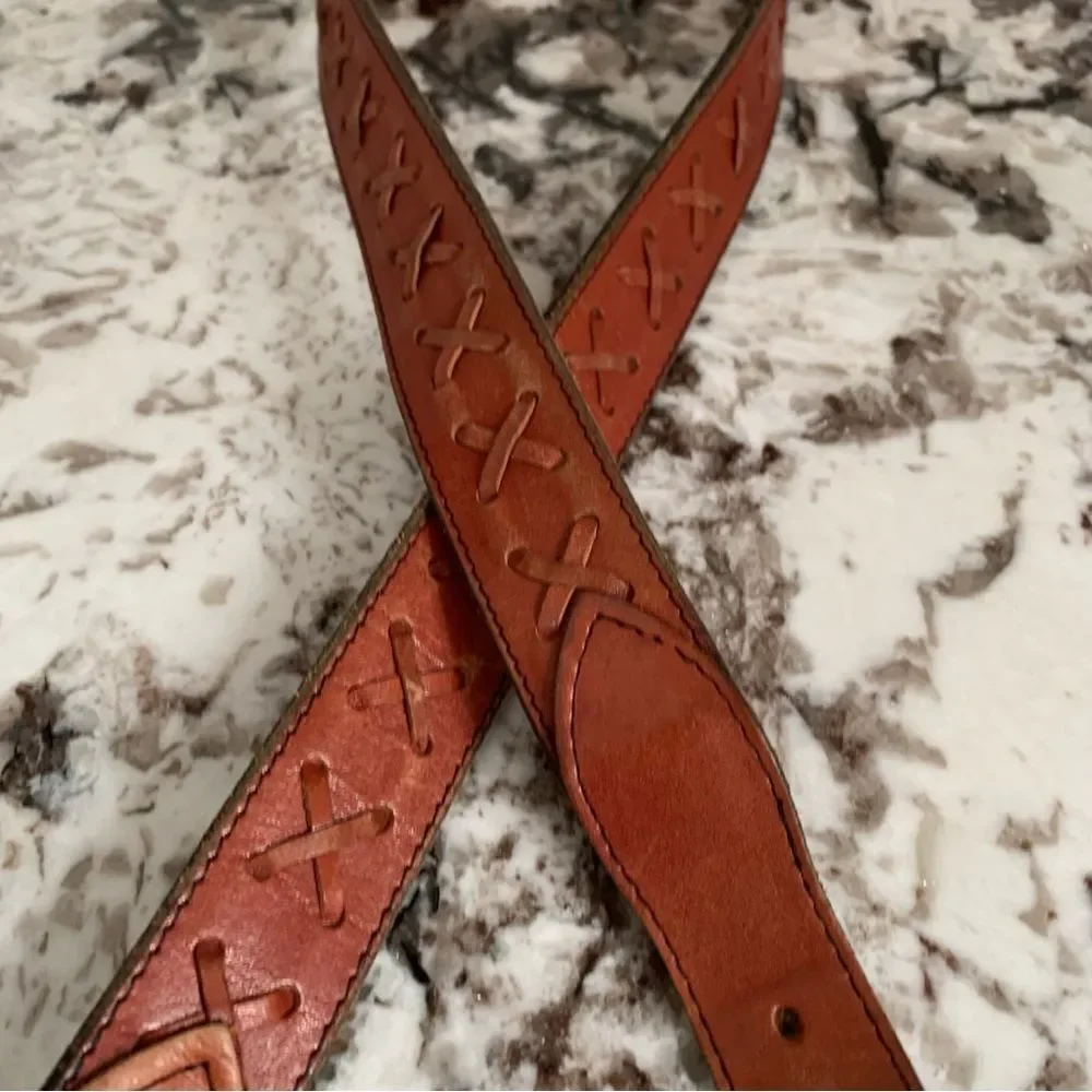 Oil Tanned Cowhide Belt - Decorative Repeated X Design - 38 Western Cowboy